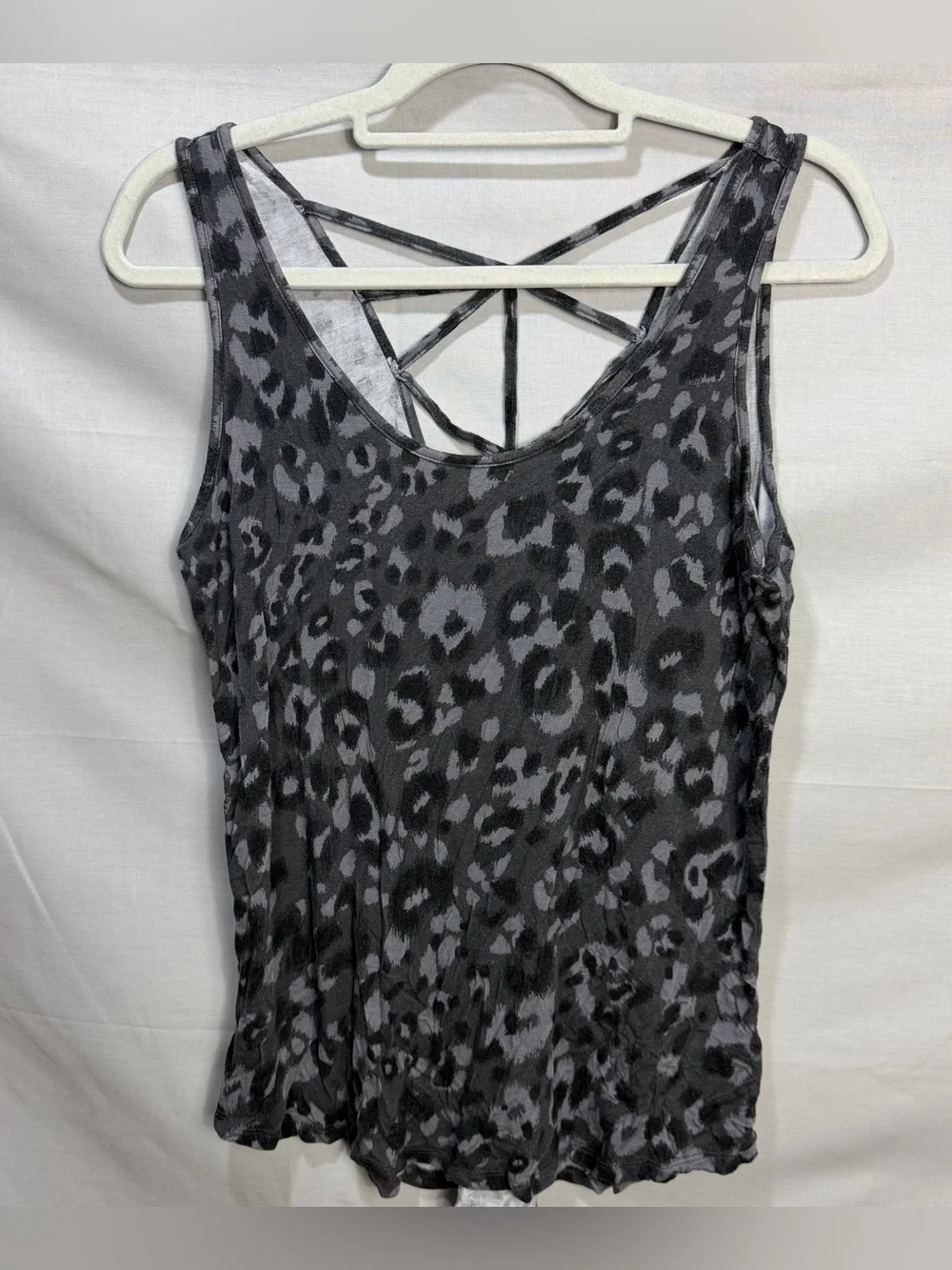 24/Maurices gray leopard print tank top with intricate multi-strap design